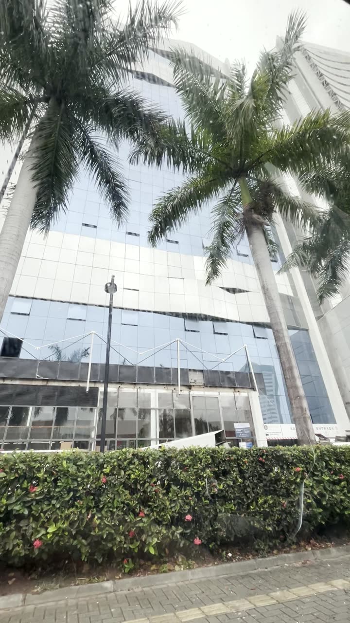 Fachada do prédio do escritório da Conrado Tecnologia, com palmeiras e a entrada principal.